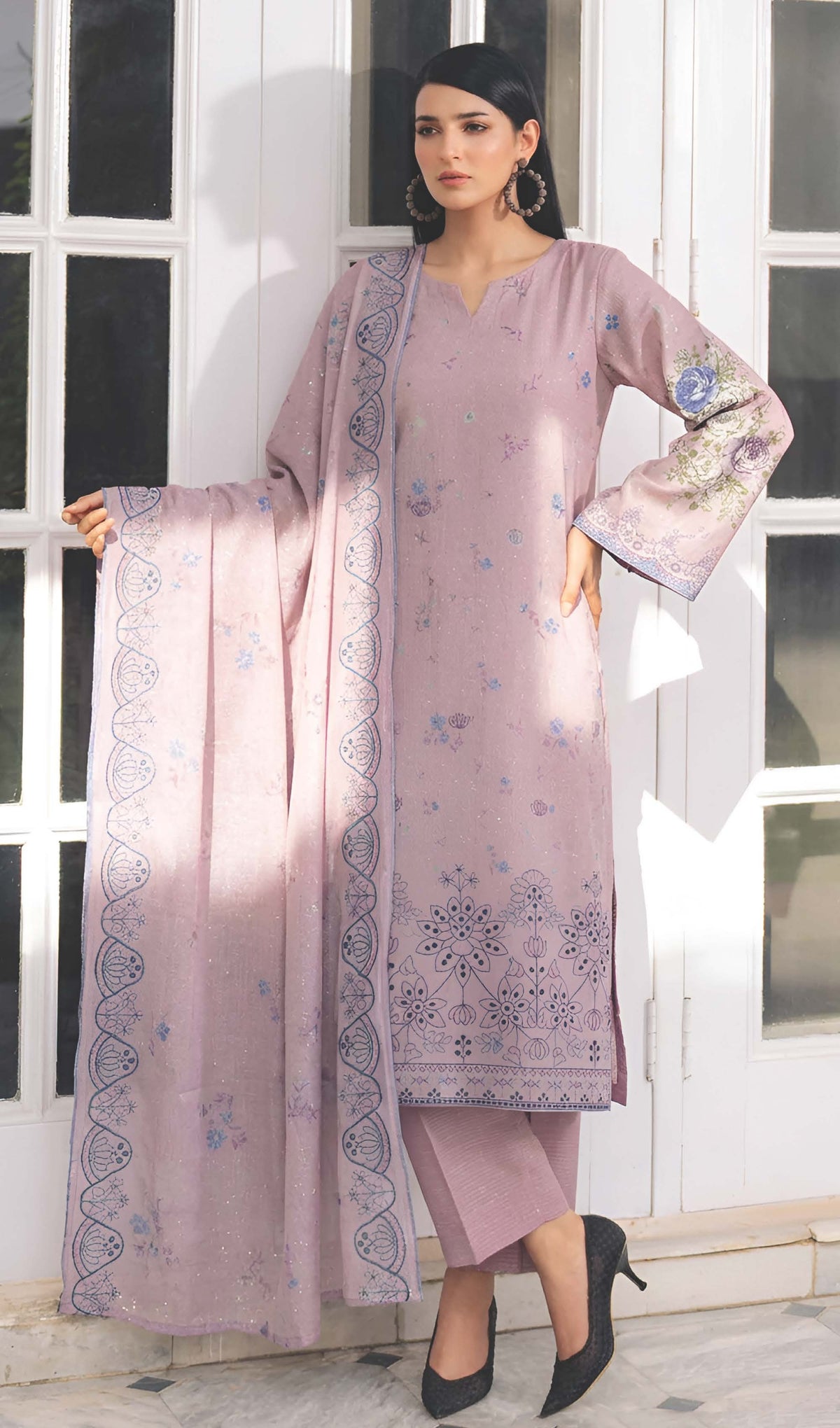 Rose Plum Embroidered Printed Dhanak with Chamki 3-Piece Suit– Unstitched