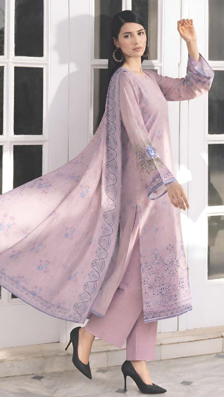 Rose Plum Embroidered Printed Dhanak with Chamki 3-Piece Suit– Unstitched