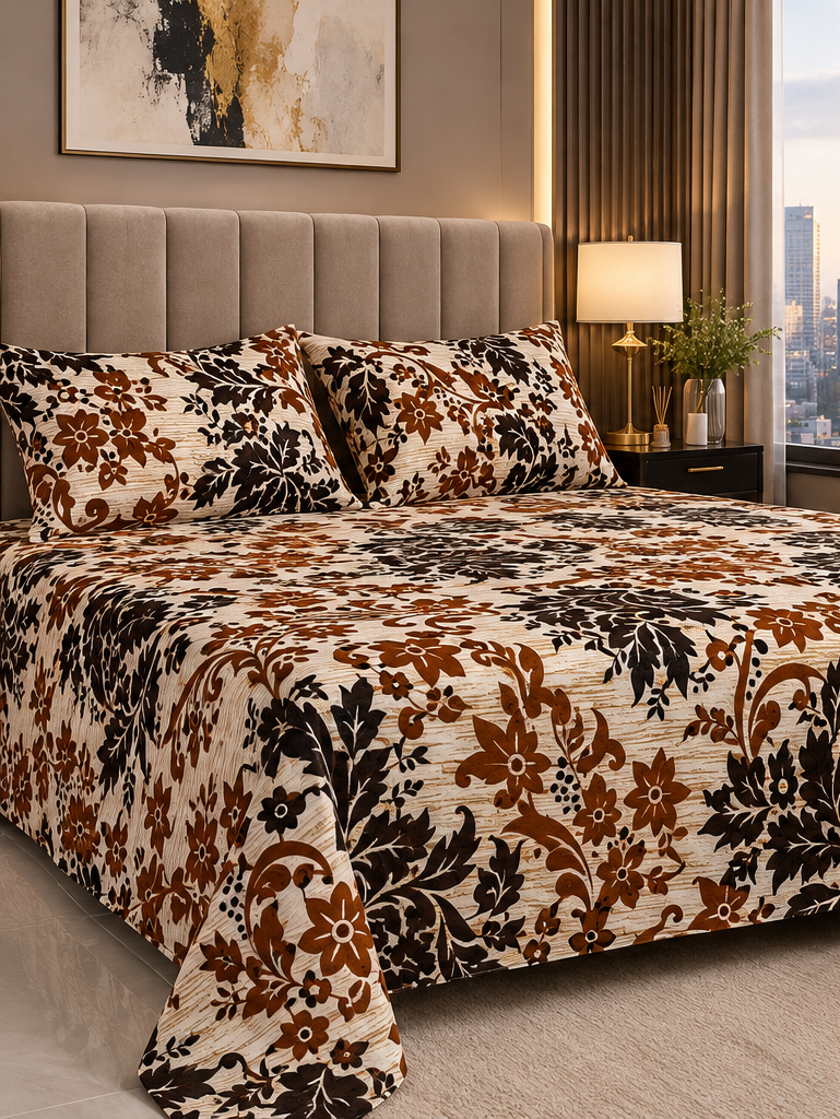 Luxury Brown Floral Crystal Cotton King Bed Set