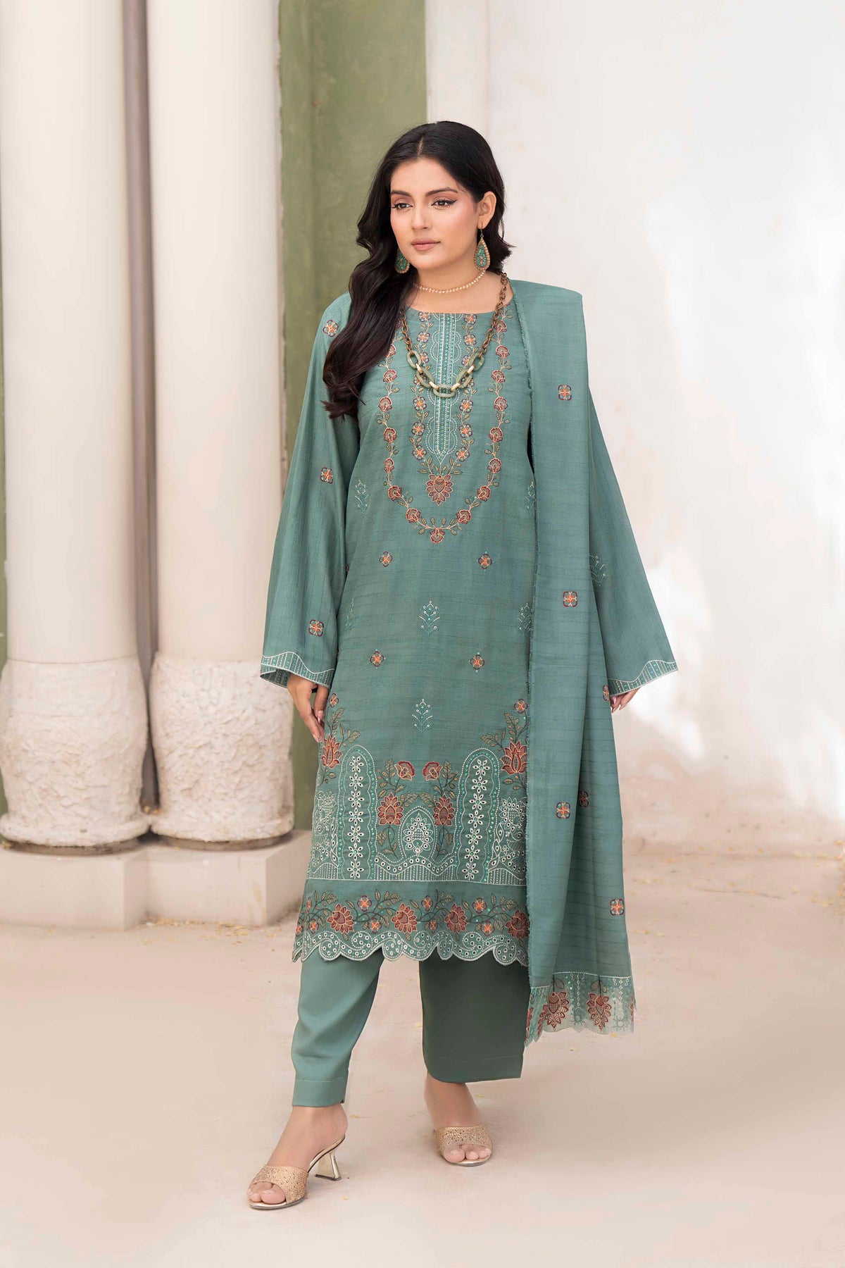 MINT GREEN LUXURY EMBROIDERED VELVET STRIPE CHAMKI SET