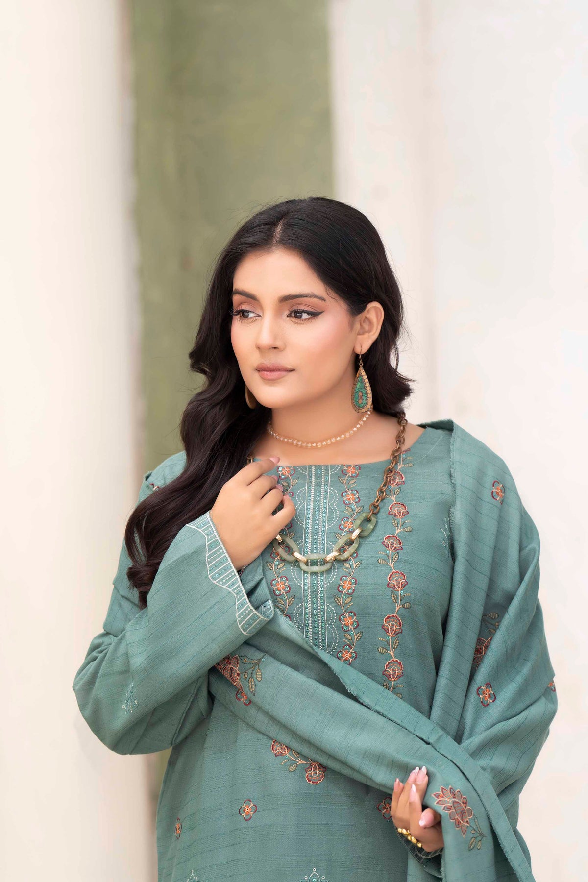 MINT GREEN LUXURY EMBROIDERED VELVET STRIPE CHAMKI SET