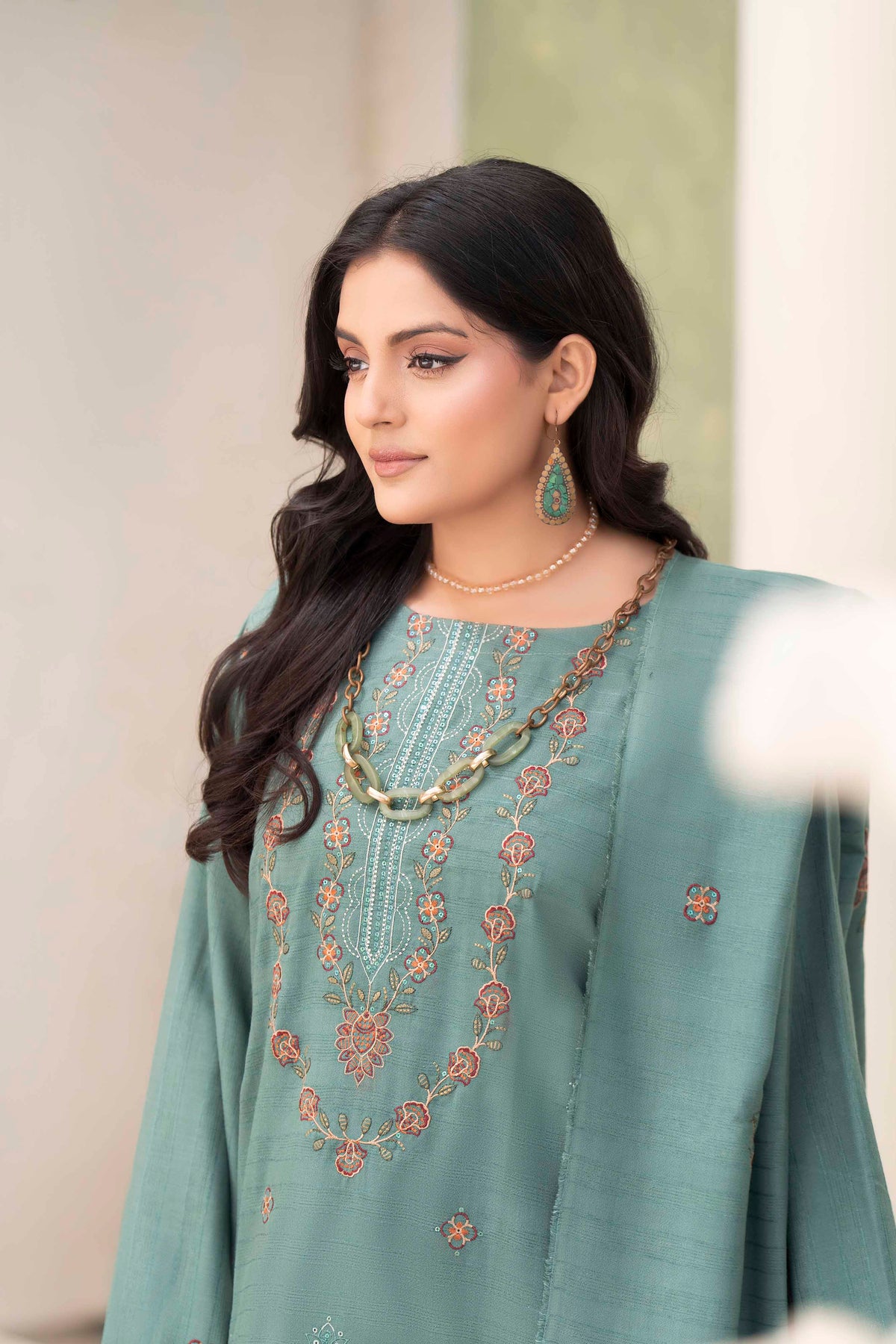 MINT GREEN LUXURY EMBROIDERED VELVET STRIPE CHAMKI SET