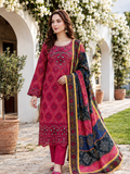 Dark Pink EMB Linen 3-Piece with Heavy Neckline & Daman Patches (Unstitched)