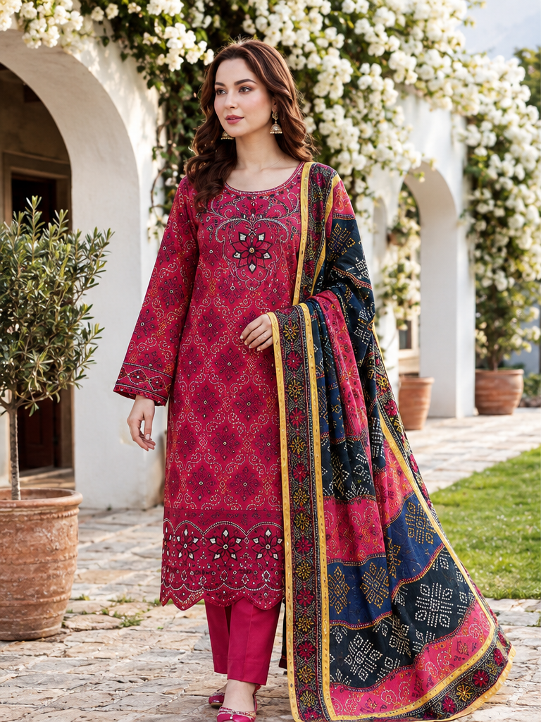 Dark Pink EMB Linen 3-Piece with Heavy Neckline & Daman Patches (Unstitched)