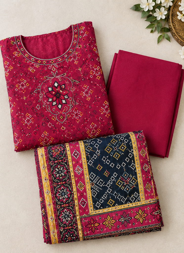 Dark Pink EMB Linen 3-Piece with Heavy Neckline & Daman Patches (Unstitched)