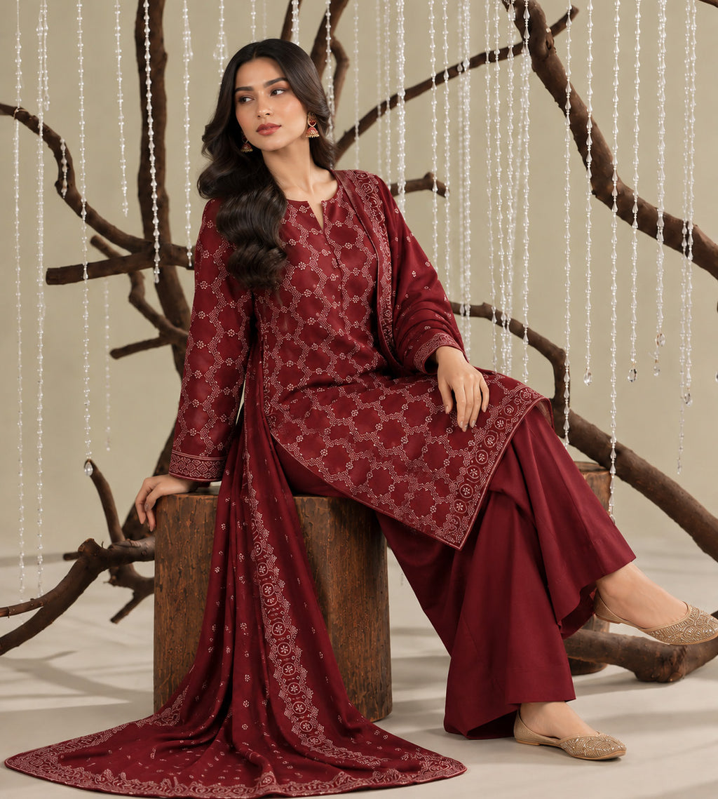 Maroon Embroidered Dhanak Chicken Kari 3-Piece Suit – Unstitched