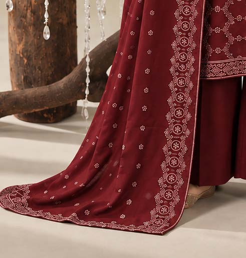 Maroon Embroidered Dhanak Chicken Kari 3-Piece Suit – Unstitched