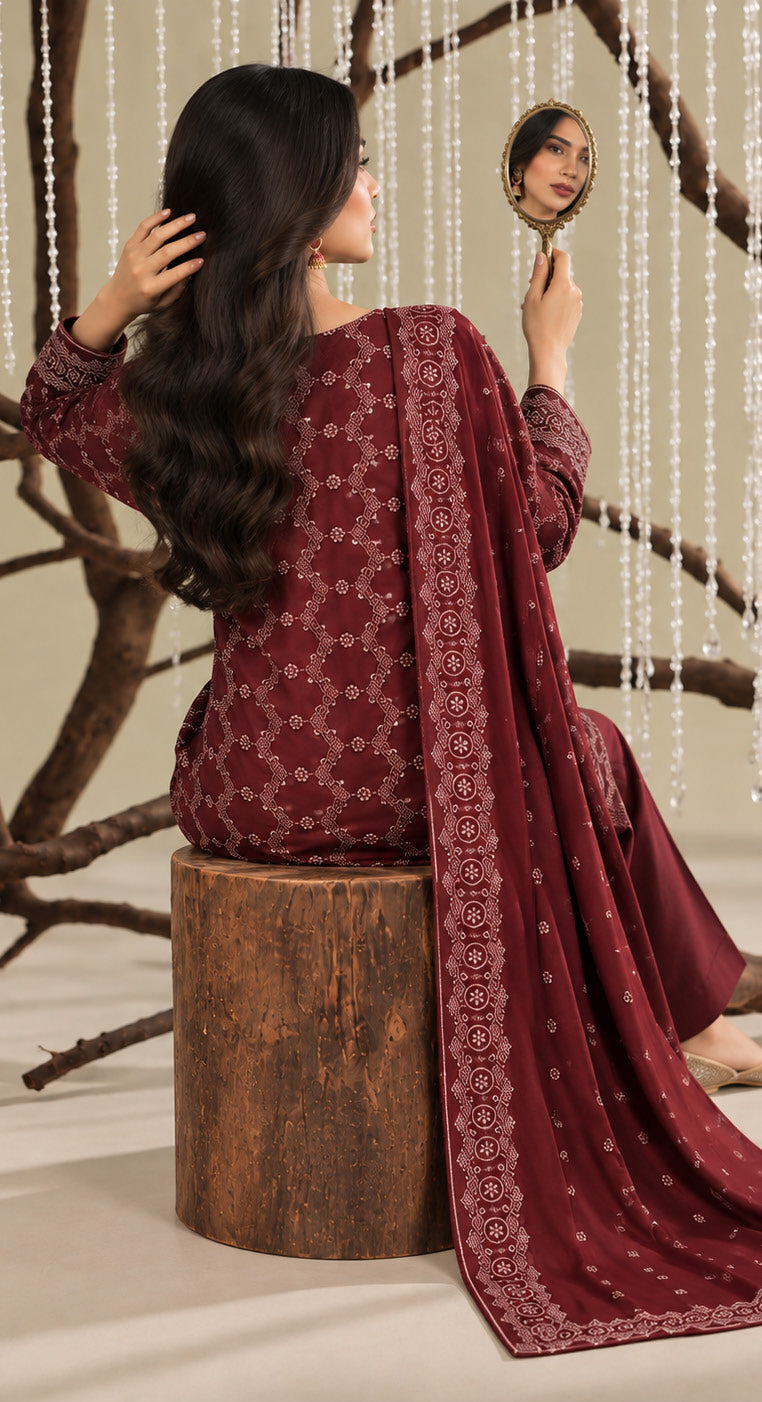Maroon Embroidered Dhanak Chicken Kari 3-Piece Suit – Unstitched