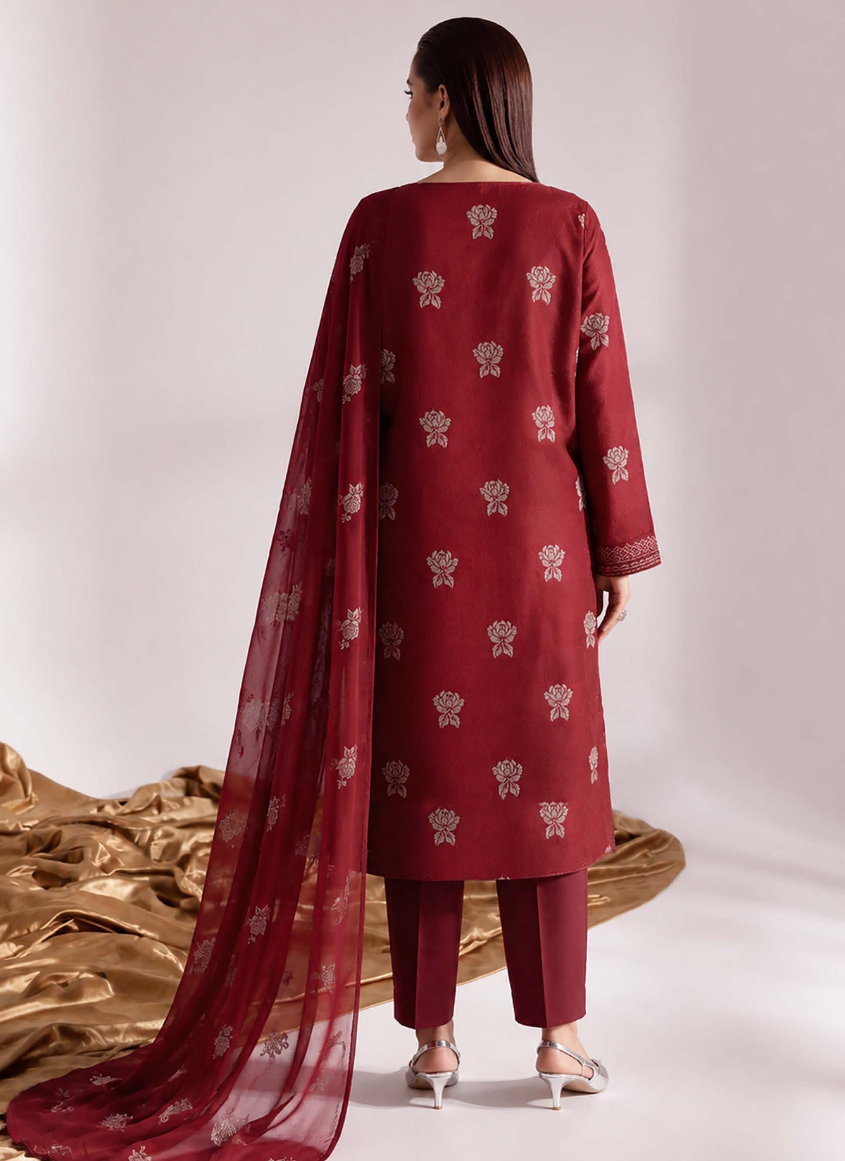 Maroon Embroidered Karandi 3-Piece Suit – Unstitched