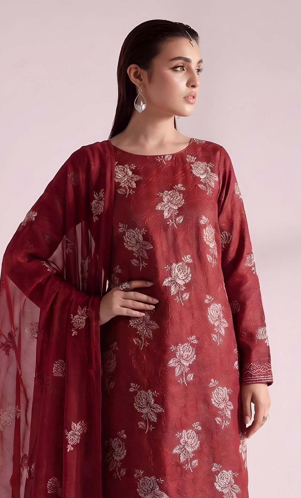 Maroon Embroidered Karandi 3-Piece Suit – Unstitched