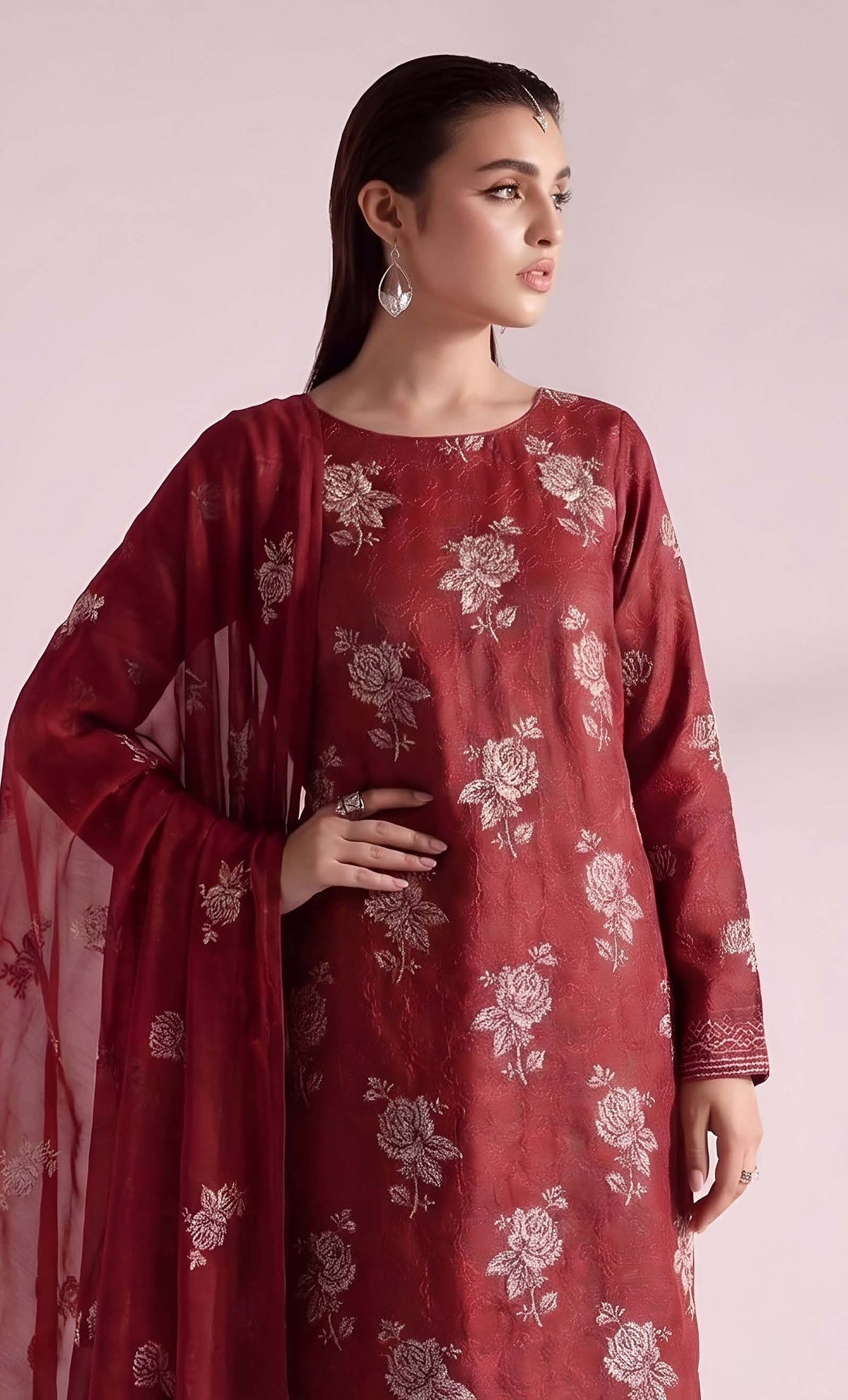 Maroon Embroidered Karandi 3-Piece Suit – Unstitched