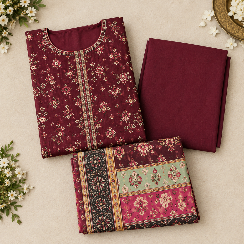 Maroon Embroidered Linen 3-Piece