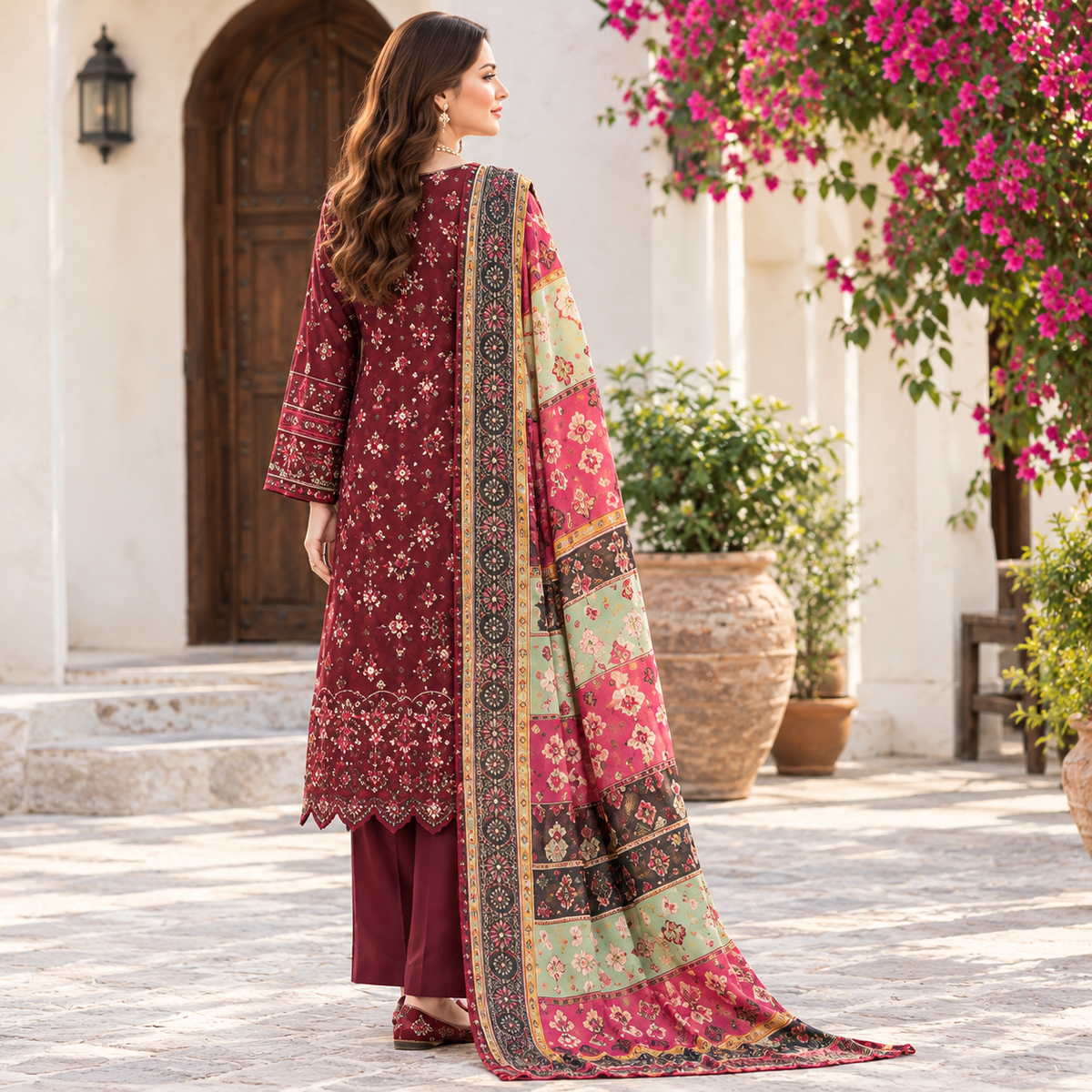 Maroon Embroidered Linen 3-Piece