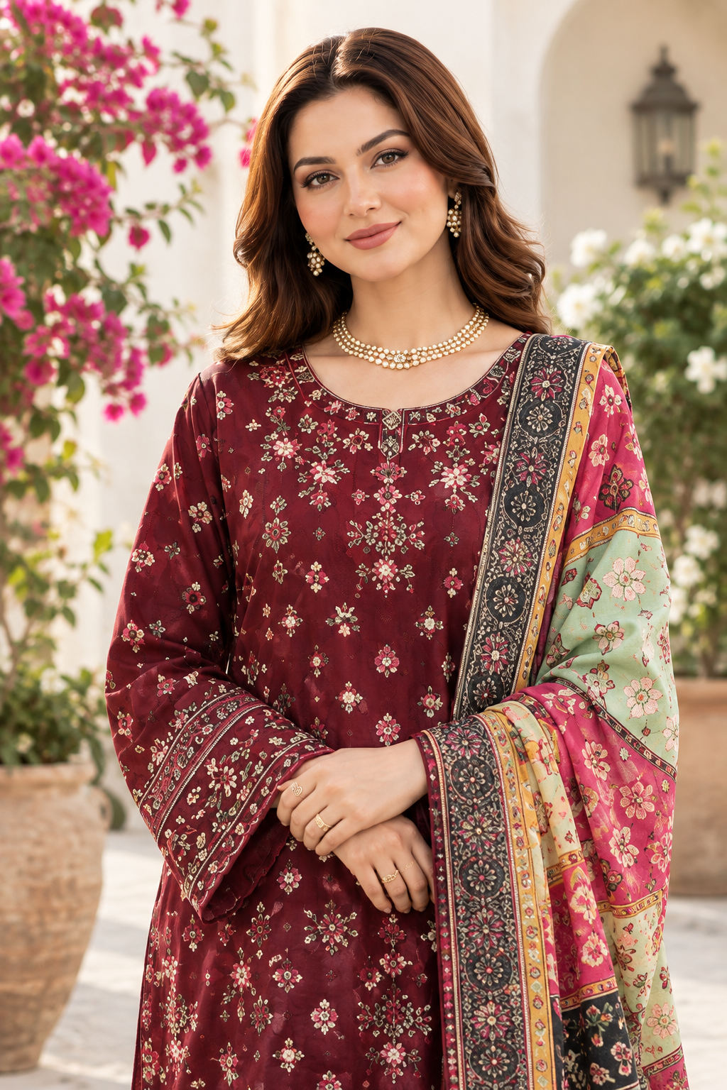 Maroon Embroidered Linen 3-Piece