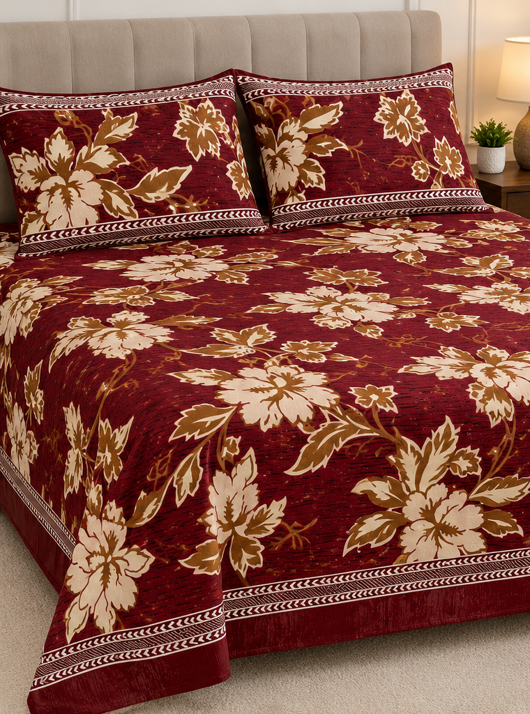 Luxury Maroon Floral Crystal Cotton King Bed Set