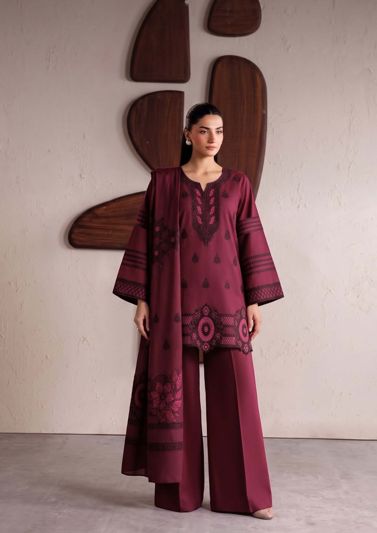 Maroon Premium Velvet Barosha 3 Piece Suit– Unstitched