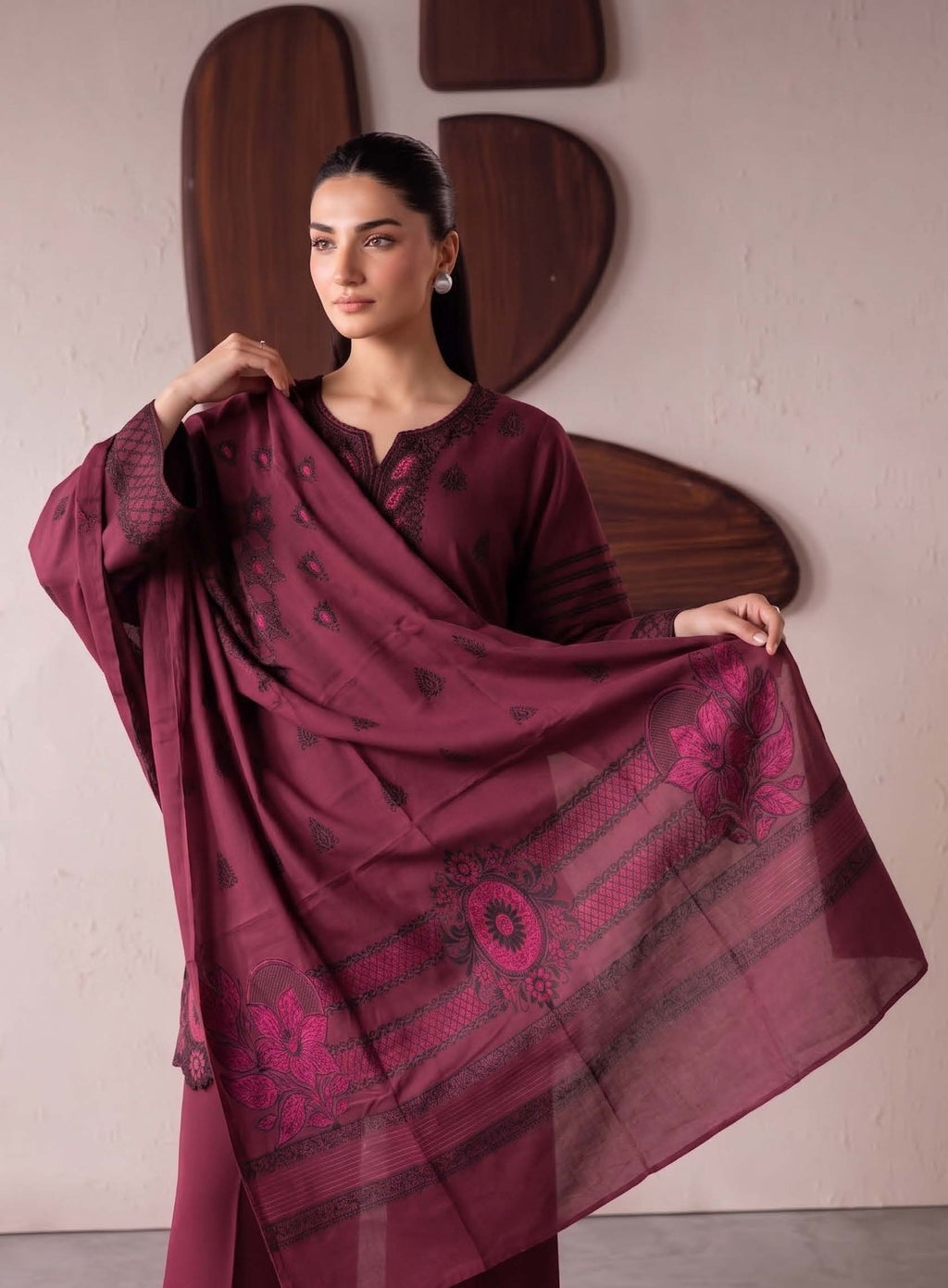 Maroon Premium Velvet Barosha 3 Piece Suit– Unstitched