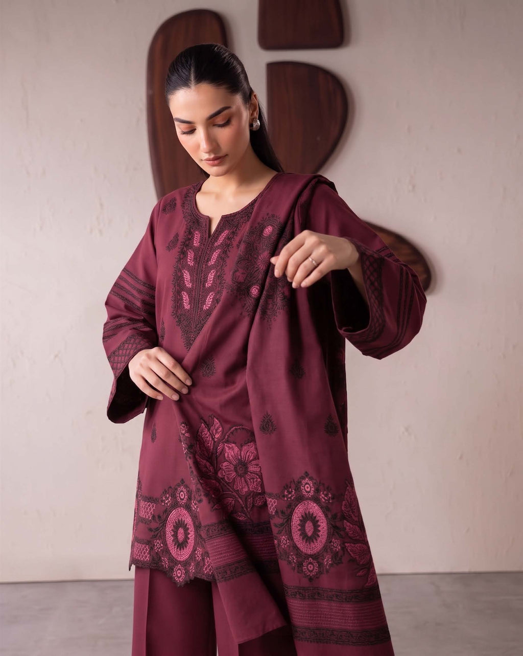 Maroon Premium Velvet Barosha 3 Piece Suit– Unstitched