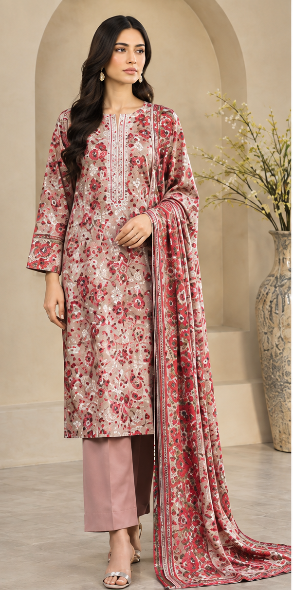 Maroon Unstitched Printed Dhanak Suit 3-Piece