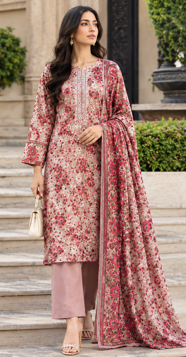 Maroon Unstitched Printed Dhanak Suit 3-Piece