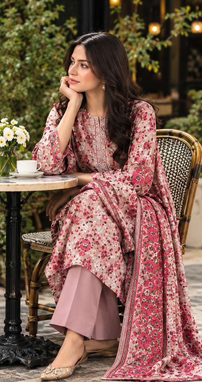Maroon Unstitched Printed Dhanak Suit 3-Piece