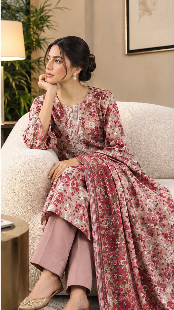 Maroon Unstitched Printed Dhanak Suit 3-Piece