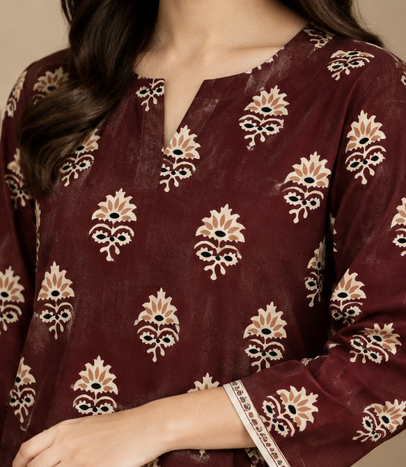 Maroon Unstitched Printed Lawn 2-Piece Suit
