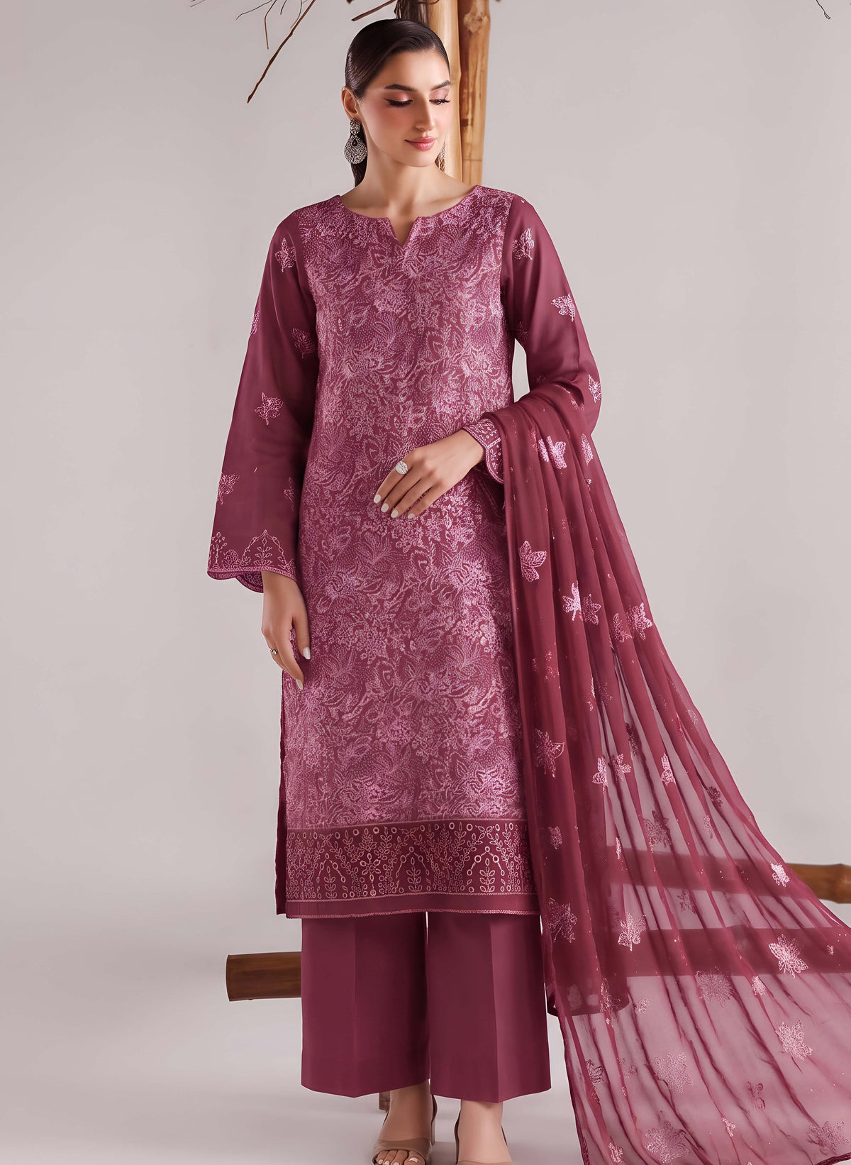 Mauve Embroidered Karandi 3-Piece Suit – Unstitched