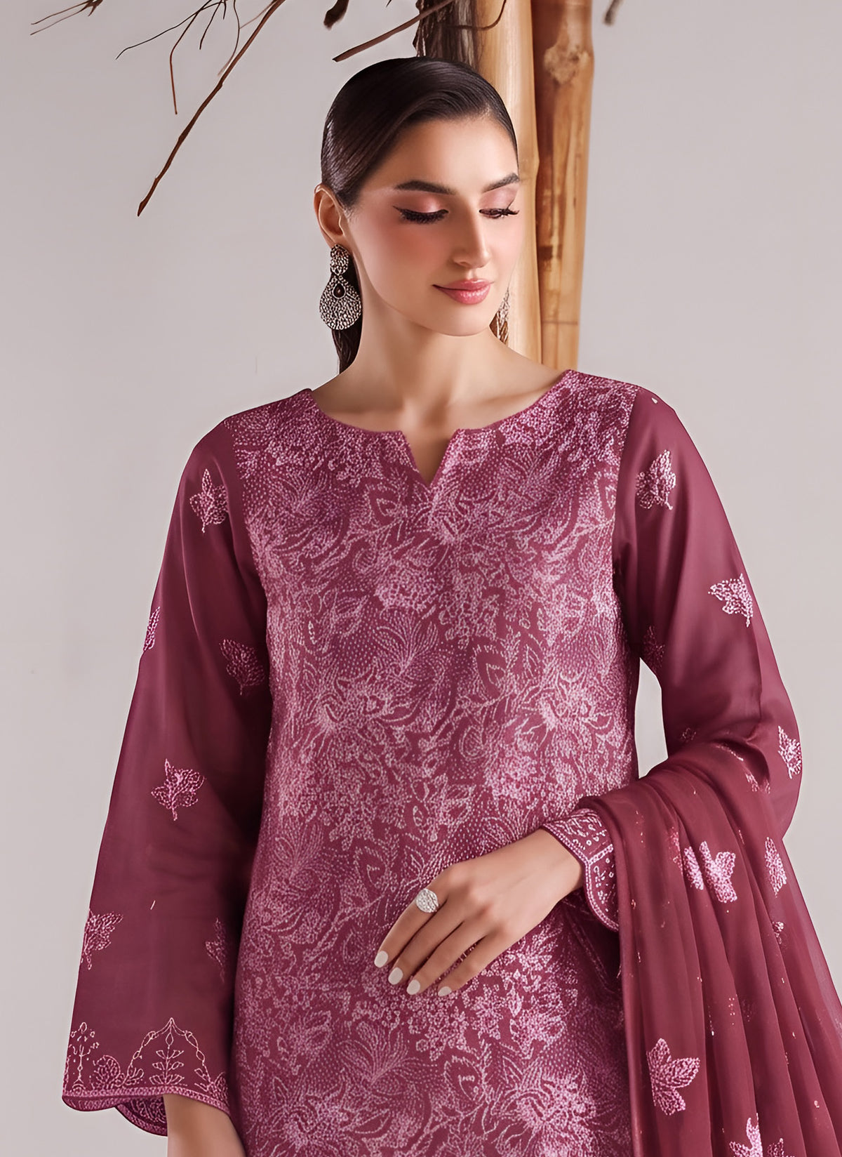 Mauve Embroidered Karandi 3-Piece Suit – Unstitched