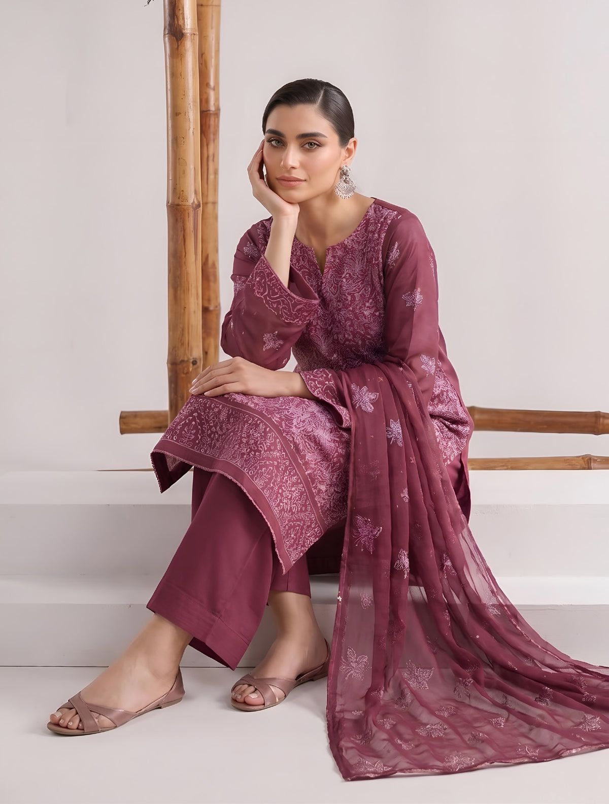 Mauve Embroidered Karandi 3-Piece Suit – Unstitched