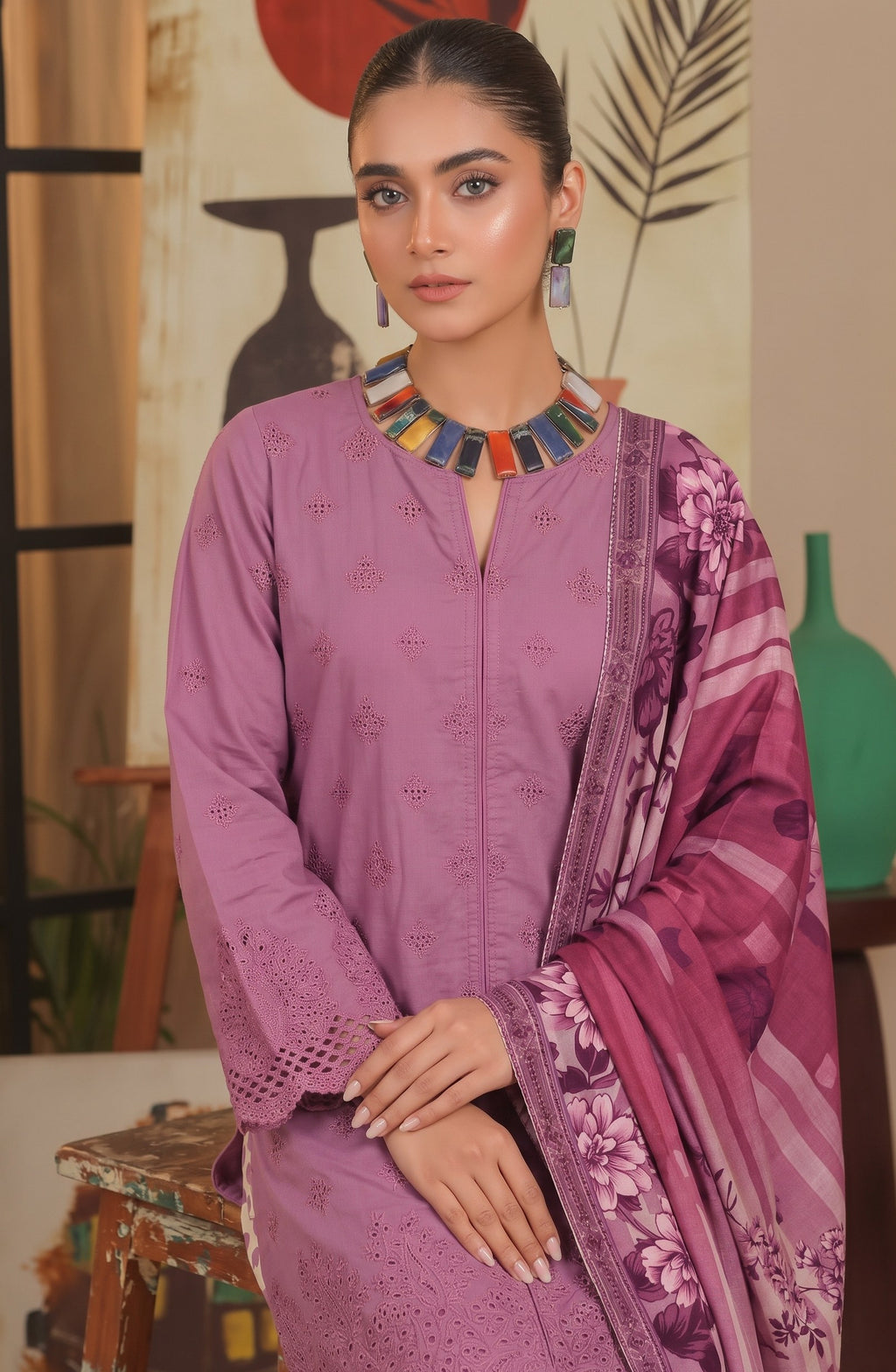 Mauve Embroidered Printed Khaddar Chicken Kari 3-Piece Suit