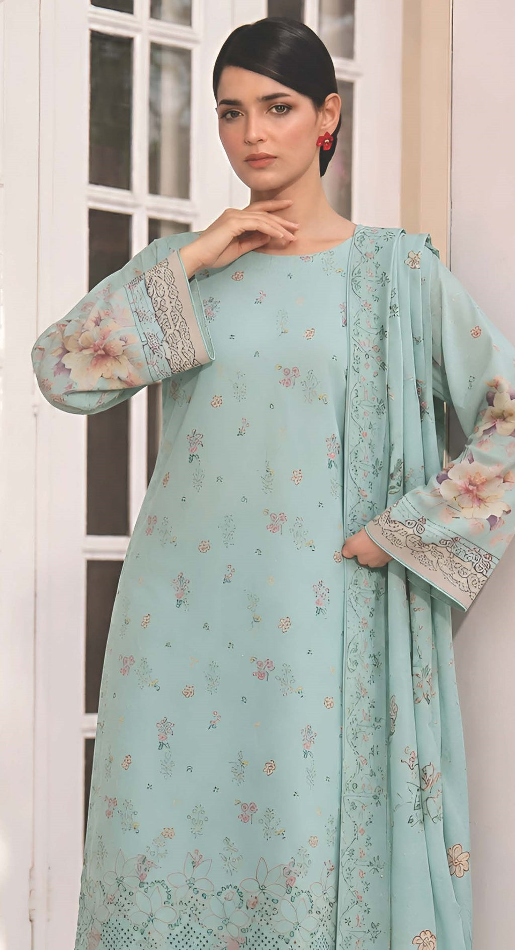 Pistachio Green Embroidered Printed Dhanak with Chamki 3-Piece Suit– Unstitched