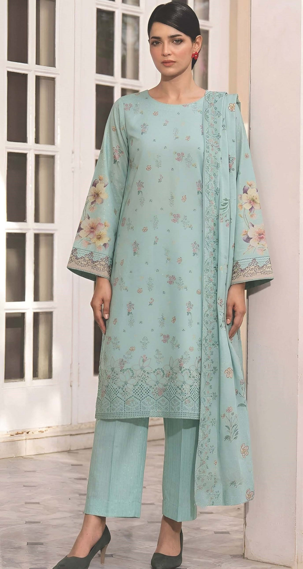 Pistachio Green Embroidered Printed Dhanak with Chamki 3-Piece Suit– Unstitched