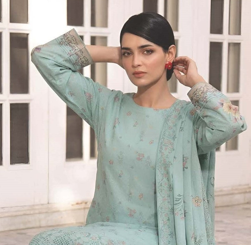 Pistachio Green Embroidered Printed Dhanak with Chamki 3-Piece Suit– Unstitched