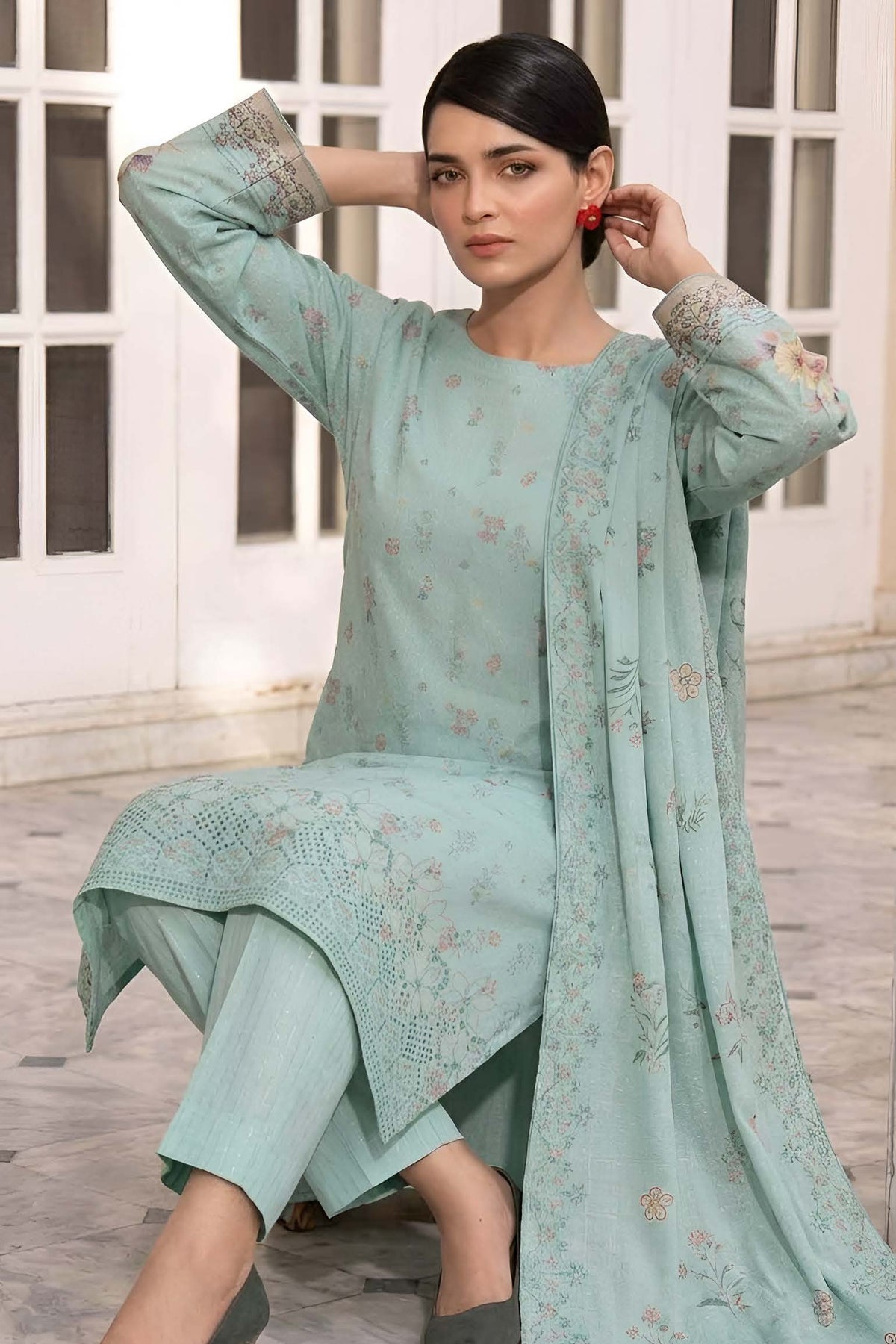 Pistachio Green Embroidered Printed Dhanak with Chamki 3-Piece Suit– Unstitched