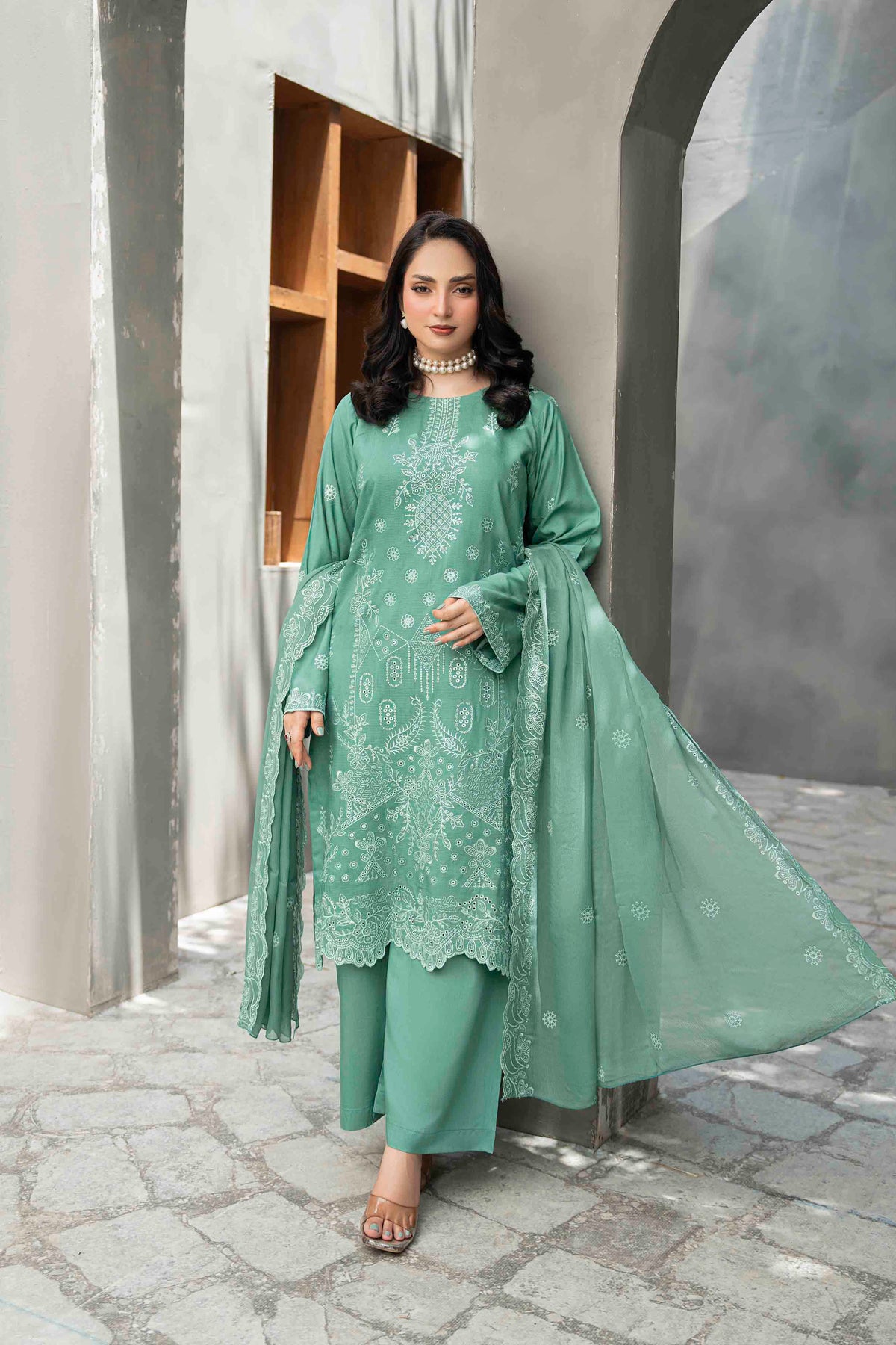Mint Green Slub Viscose Suit With Crinkle Dupattal 3-Piece Suit – Unstitched