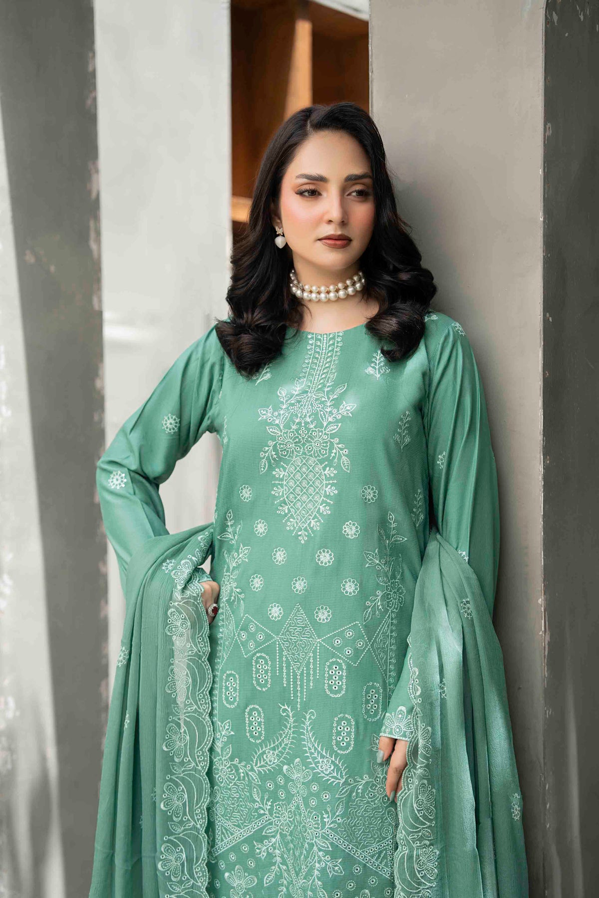 Mint Green Slub Viscose Suit With Crinkle Dupattal 3-Piece Suit – Unstitched