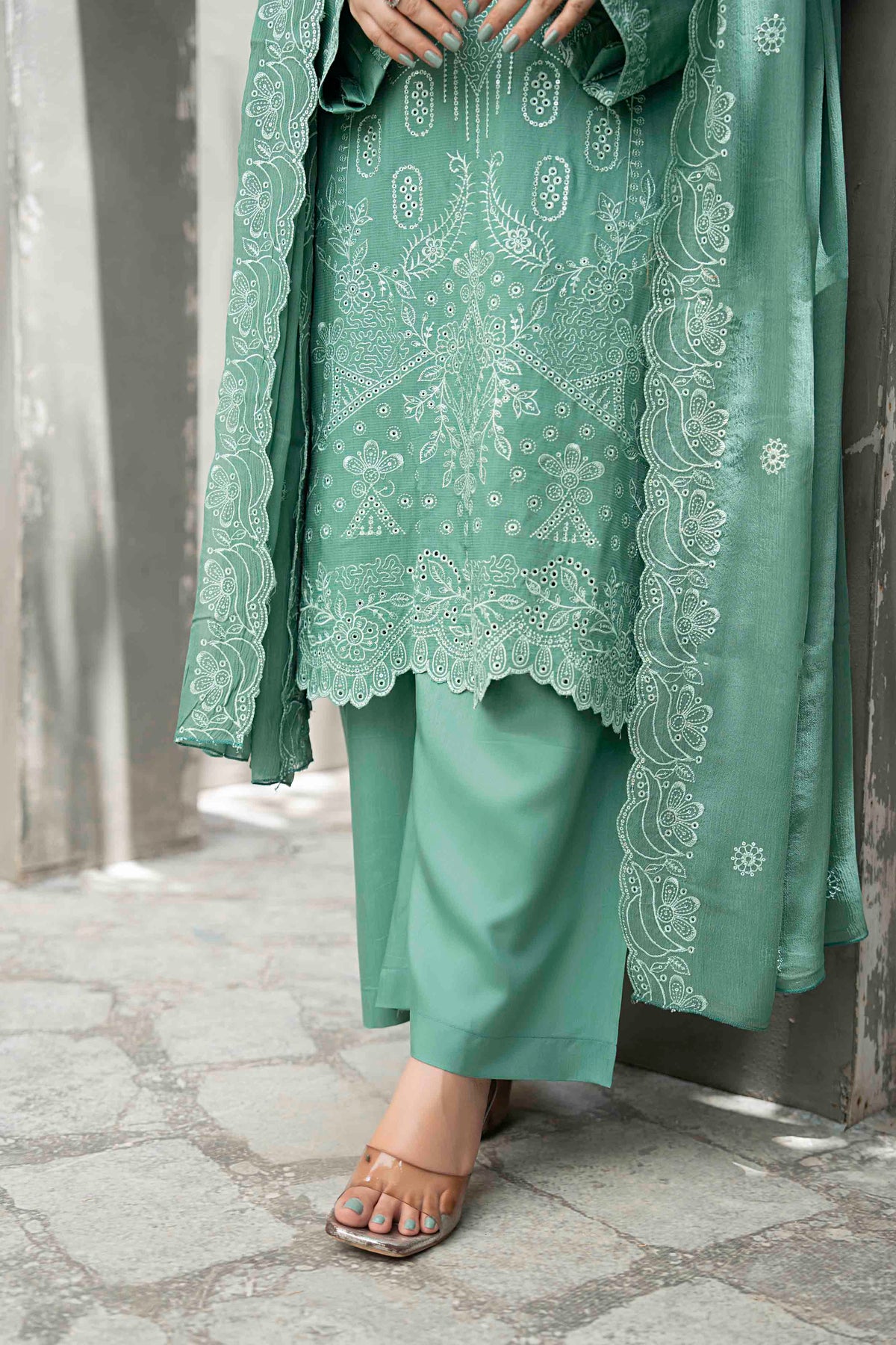 Mint Green Slub Viscose Suit With Crinkle Dupattal 3-Piece Suit – Unstitched