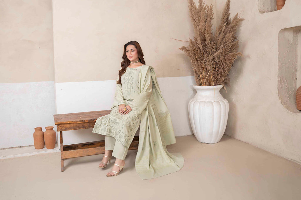 Mint Green Luxury Dhanak Suit With Velvet Shawl 3-Piece Suit – Unstitched