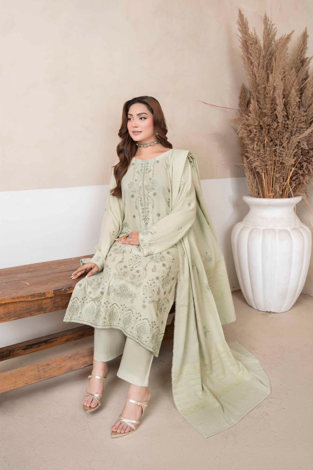 Mint Green Luxury Dhanak Suit With Velvet Shawl 3-Piece Suit – Unstitched