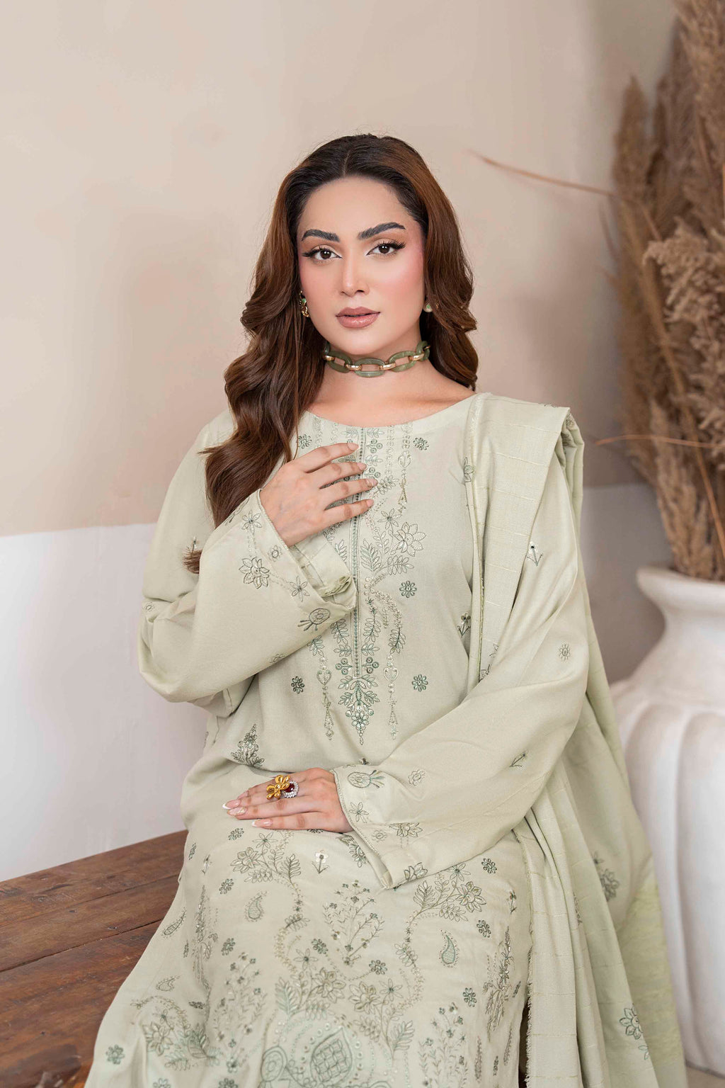 Mint Green Luxury Dhanak Suit With Velvet Shawl 3-Piece Suit – Unstitched
