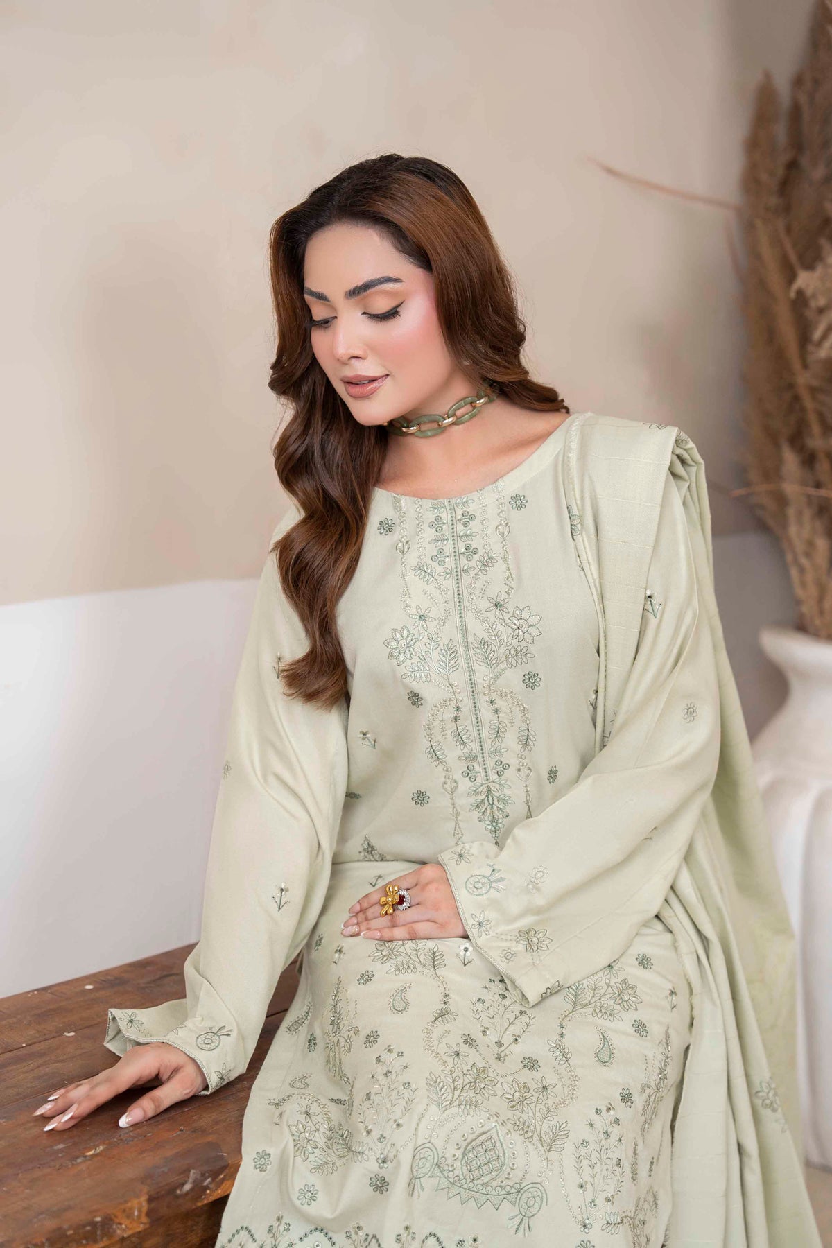 Mint Green Luxury Dhanak Suit With Velvet Shawl 3-Piece Suit – Unstitched