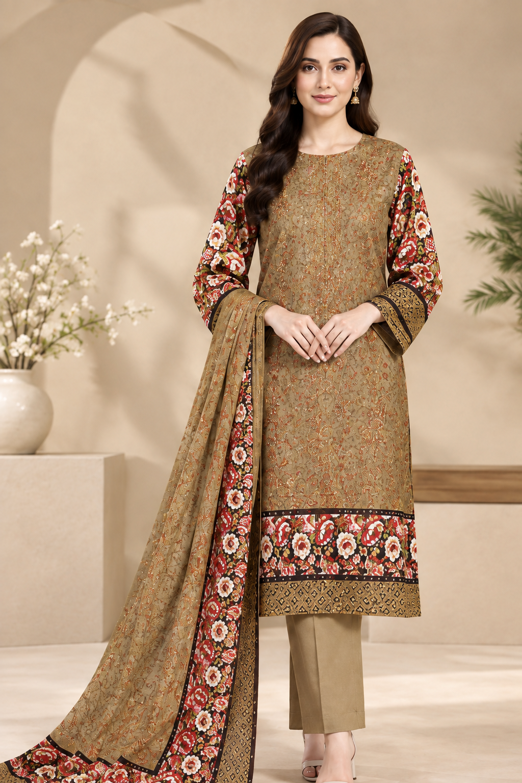 Gold Unstitched Embroidered Digital Lawn Suit 3-Piece