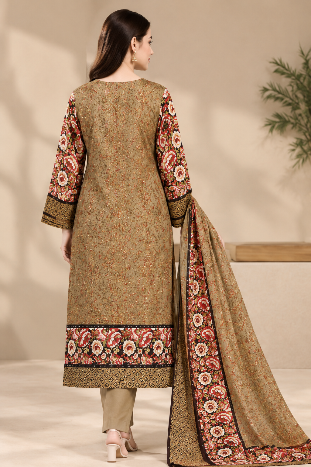 Gold Unstitched Embroidered Digital Lawn Suit 3-Piece