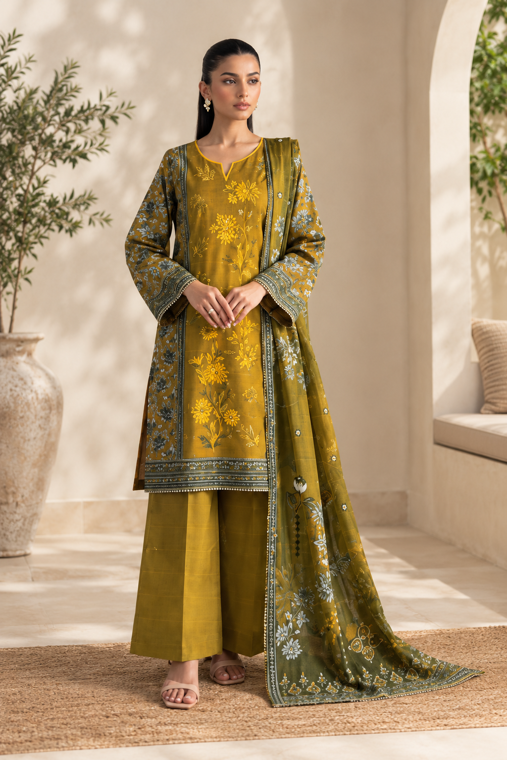 Mustard Unstitched Embroidered Linen 3-Piece