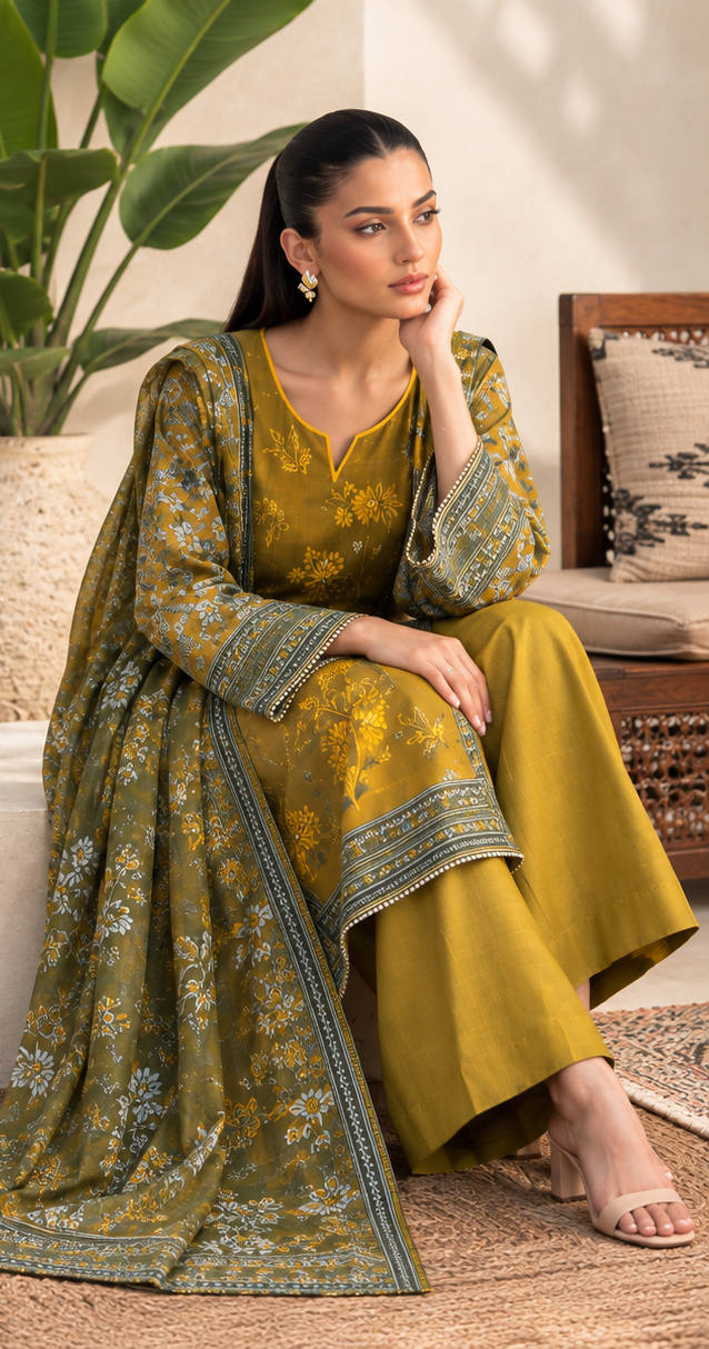 Mustard Unstitched Embroidered Linen 3-Piece