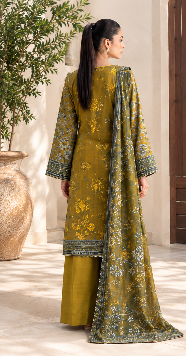 Mustard Unstitched Embroidered Linen 3-Piece