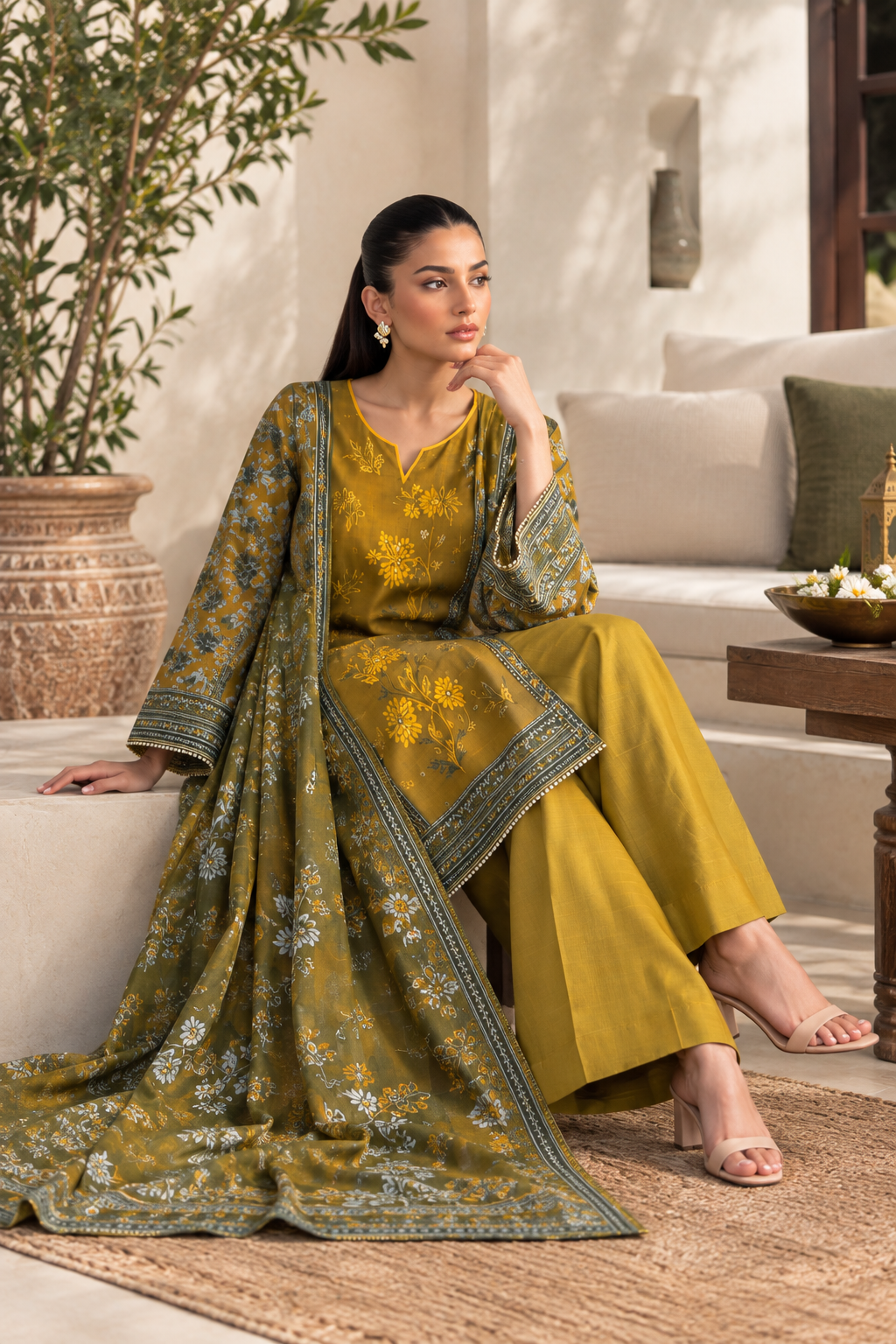 Mustard Unstitched Embroidered Linen 3-Piece