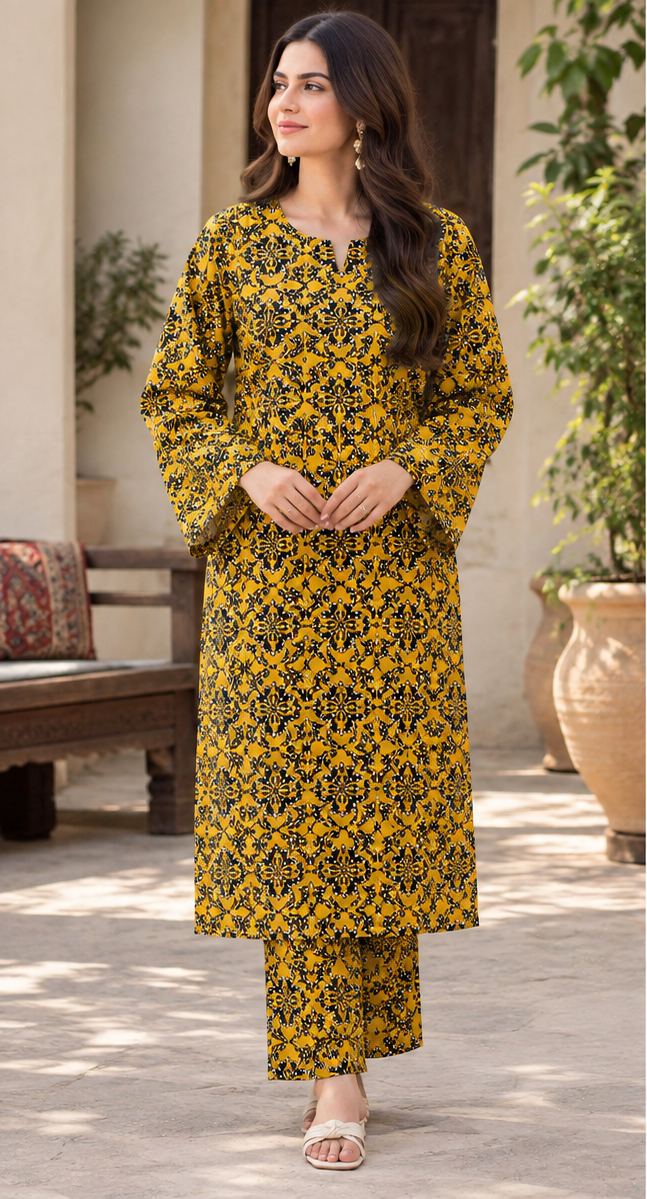 Mustard Yellow Unstitched Printed Lawn 2-Piece