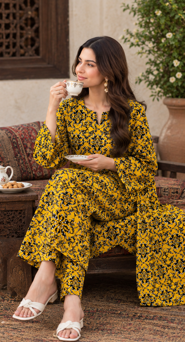 Mustard Yellow Unstitched Printed Lawn 2-Piece